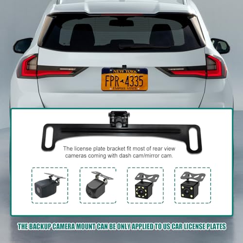 Image of Universal Car Rear View Camera License Plate Bracket, Full Stainless Steel Anti-Rust Paint Backup Camera License Plate Mount, Dash Cam Mirror Camera Kit Accessories Rearview Camera Mount, Black