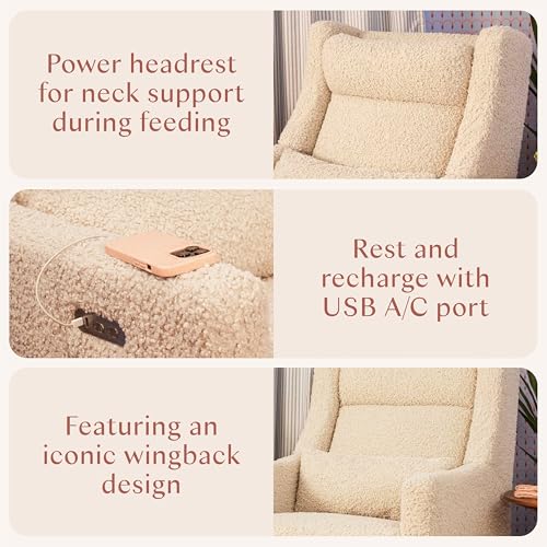 Image of Babyletto Kiwi Plus Electric Recliner Glider in Almond Teddy Loop | GREENGUARD Gold & CertiPUR-US Certified - Power Recliner Rocking Nursery Chair w / USB Ports - 270 Swivel