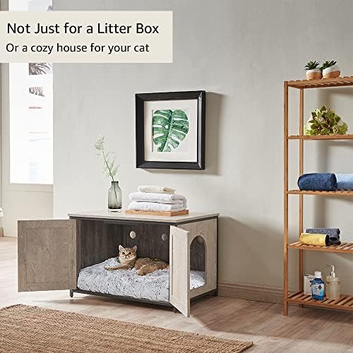 unipaws Litter Box Enclosure with Top Opening, Wooden Cat Litter Box Furniture, High Jumbo Litter Box Enclosure, Litter Box Hidden with Double Doors, Cats Washroom Bench for Indoor