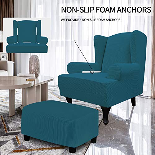 Image of Easy-Going Stretch Large Wingback Chair Sofa Slipcover Peacock Blue | 1-Piece Sofa Cover Furniture Protector Couch Soft with Elastic Bottom, Spandex Jacquard Fabric Small Checks