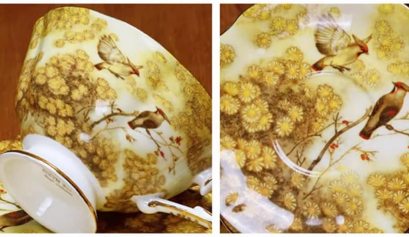 セラミックコーヒーティーカップとソーサーセット イエローマグパイバード 陶器コーヒーマグとソーサーセット ミルクジュースマグプレート