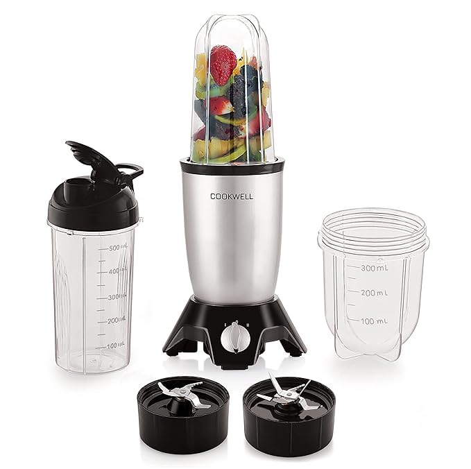 Image of Cookwell Bullet Mixer Grinder (3 Jar, 2 Blade, Silver) - Copper, 600 Watts - 2 Year Warranty
