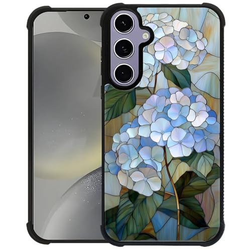 ZHEGAILIAN Case for Samsung Galaxy S24 S25 | Shockproof 4 Corner Air Cushion + Soft TPU Bumper with Anti-Slip Grip & Stylish Pattern for Men Boys & Woman Girls | Blue Hydrangea Stained Glass