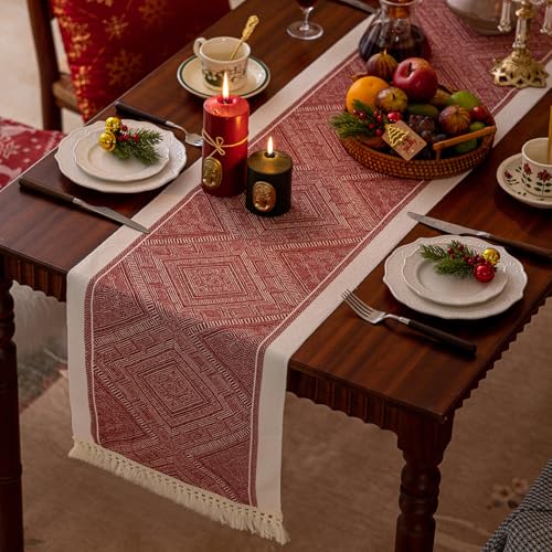Table Runner,Dining Kitchen Centerpiece Decor,For Tea Coffee Decoration Party Holiday(Red C,14x83inches (35 x 210cm) 1pack)