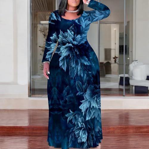 Image of PinkPatty Plus Size Maxi Dress for Curvy Women Crew Neck Long Sleeves Casual Dress Vacation Sundresses with Pockets