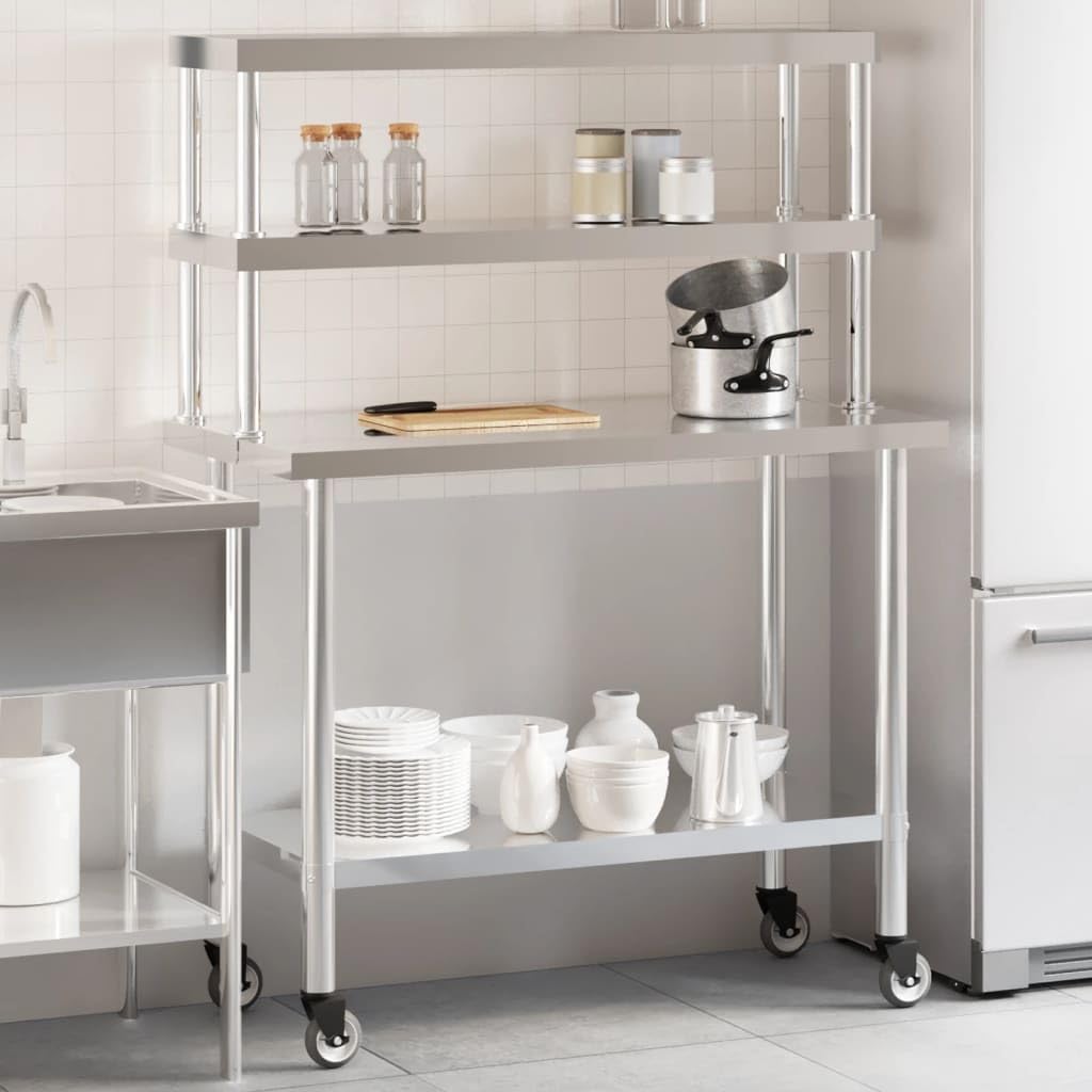 Tavolo da lavoro da cucina con ripiano, 110 x 55 x 150 cm, in acciaio inox, per gastronomia, ristorante, hotel, catering, grandi cucine, commerciali, professionale, robusto, igienico, mobile