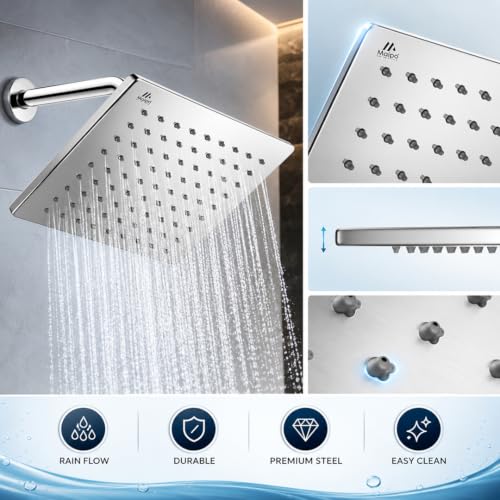 Image of Maipo Ultra Slim 8 Inch Square Rain Shower Head, Stainless Steel (SS) High Pressure Overhead Bathroom Shower Head, Chrome Finish, Anti-Clog Silicone Nozzles, Easy Installation