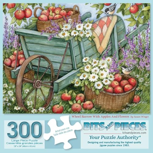 Bits and Pieces 300 Piece Puzzles for Adults - Wheel Barrow with Apples and Flowers - 300 Large Pieces 18 x 24 Jigsaw Puzzles, Country Rustic Americana, No 2 Pieces Alike