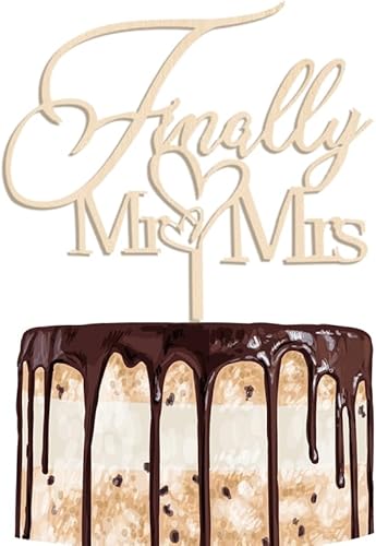 Finally Mr&Mrs - Decoración para tartas de boda, elegante decoración para aniversario de boda, decoración romántica para tartas (madera)