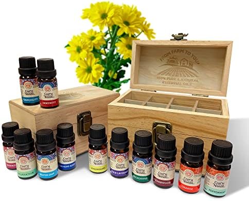 GuruNanda Essential Oils (Set of 12) with Wooden Storage Gift Box- 100% Pure Therapeutic Grade Oils- Perfect for Aromatherapy, Massage, Beauty, Hair Care & Diffusers (Contains 6 Blends & 6 Singles)