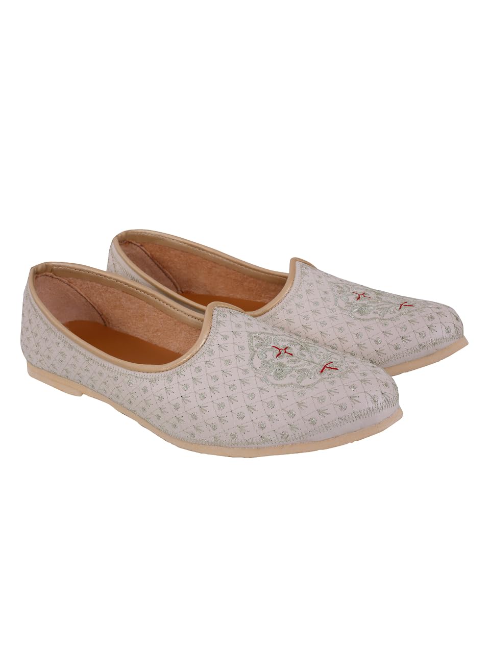 Men's Traditional Jutti | All-Over Thread Work Embroidered Mojari | Fabric Slip-On Ethnic Loafer | Handmade Festive Footwear for Kurta Sherwani Wedding|5 UK Cream-image-6