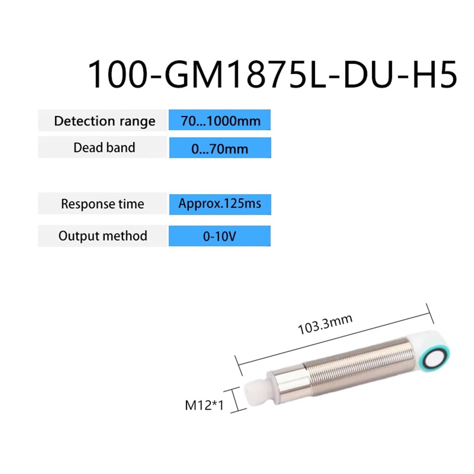 Sensore di prossimità ad ultrasuoni M18 30-1000mm 24VDC analogico 4-20mA/0-10V Uscita Sensore di livello liquido ad ultrasuoni (UBX100-GM1875L-DU-H5)