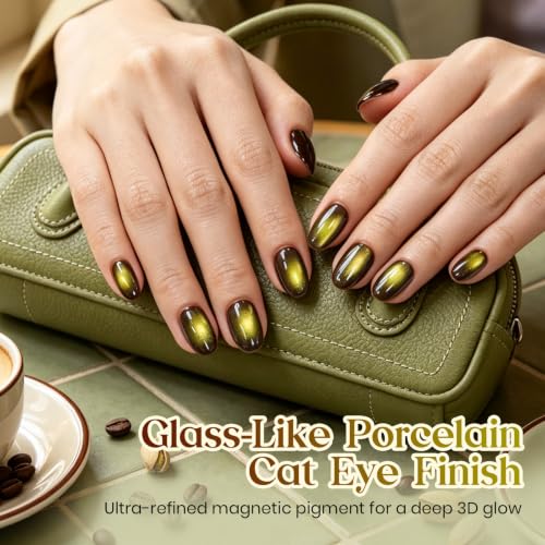 Image of Beetles Pistachio Latte Cat Eye Gel Polish - Brown Base Green Magnetic Glow | 15ml Fall Brown Cat Eye Gel Green Magnetic, Glass Shimmer Effect Soak Off UV Nail Polish for DIY Nail Art Salon Manicures