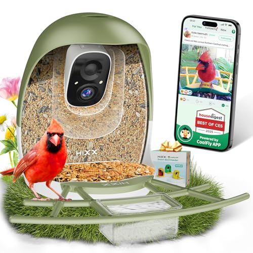 HIXX Smart Bird Feeder with Camera, Lifetime Free AI Identify Birds, Solar-Powered 2K HD Live Camera Video Birds Feeder for Outdoors with Color Night Vision for Bird Lovers Gifts (Forest Green)