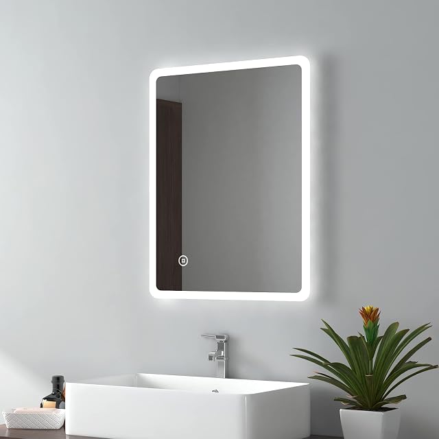 EMKE 450 X 600 mm Backlit Illuminated Bathroom Mirror, Wall Mounted Multifunction Bathroom Vanity Mirror with LED Lights and Demister Pad, Energy-Saving LED Smart Mirrors