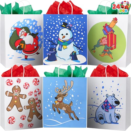 JOYIN 24 Christmas Kraft Paper Gift Bags with Handles Blue and White with Assorted Christmas Prints for Holiday Goody Bags, School Classrooms and Party Favors