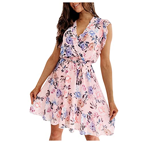Zodrq Summer Dress for Women - Chiffon Ruffle V-Neck Floral Print A-Line Dress Cute Sun Dress Flowy Shift Mini Dress(Pink,XL)