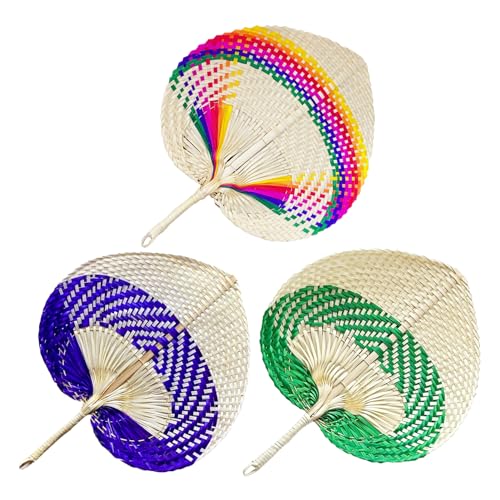 belupai 3Pcs Handwoven Bamboos Fan, Chinese Traditional Woven Fan, Hand Held Palm Leaf Fan Vintage Manual Rattan Fan Plain Wall Hanging Wicker for Cooling Supplies Decor