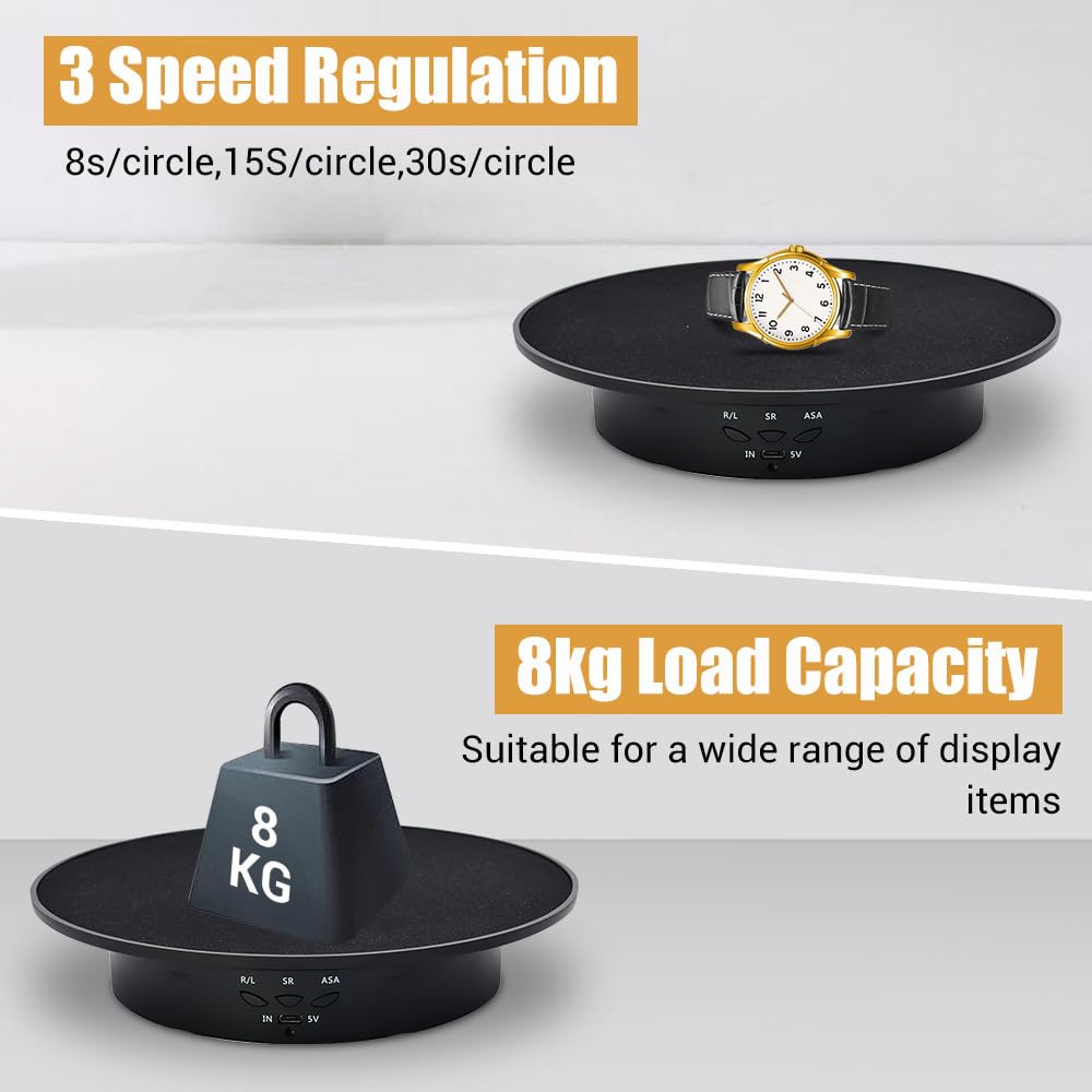 DONGKER Présentoir Rotatif,Support de Plateau Tournant a Bijoux a 3 Vitesses,Capacité de Charge Maximale de 8 Kg pour les Produits Photographiques,Expositions de Bijoux,Modèles de Montres,Gâteaux