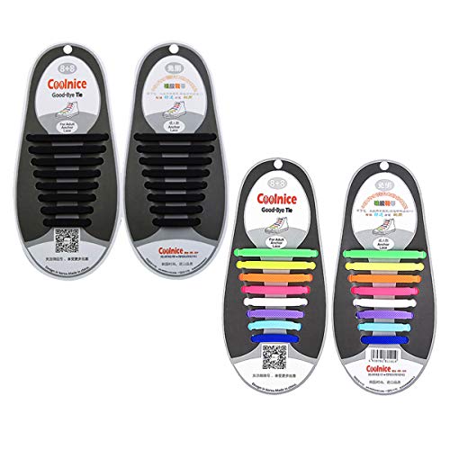 Newkeen 2 pares sin corbata Cordones de zapatos para niños y adultos cordones de zapatos de atletismo atlética de silicona elástico plano de los zapatos del tablero Sneaker boots (Black+Mix Color)