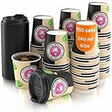 CupCup 100 Vasos Desechables de Café Para Llevar - Vasos Carton 240 ml 8 Onzas con Tapas para Servir el Café, el Té, Bebidas Calientes y Frías