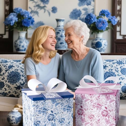 BIOBROWN Medium Gift Boxes with Lids for Presents, 9x9x9 Inches Chinoiserie Pink White Peony Floral Design Collapsible Gift Box for Bridal Shower, Wedding, Mother's Day, Birthday - Image 6