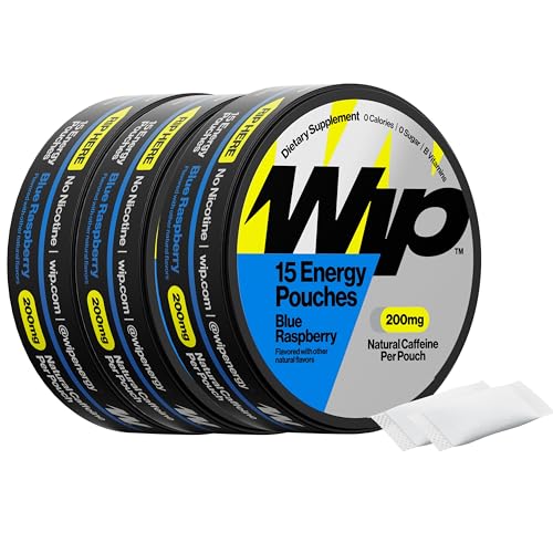 Image of Wip Energy Pouches, Sugar Free Blend with 200 MG Natural Caffeine, B Vitamins, Minerals & L Theanine for Energy Support, Pre Workout for Active Lifestyles, Blue Raspberry, 3 Cans, 15 Pouches per can
