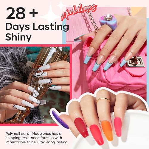 Image of Modelones 133pcs Poly Nail Gel Kit, 32 Colors Spring Pink Pastel Poly Extension Gel kit with Nail Lamp Base Top Coat Slip Solution Builder Enhancement Manicure Tools for Starter Supplies