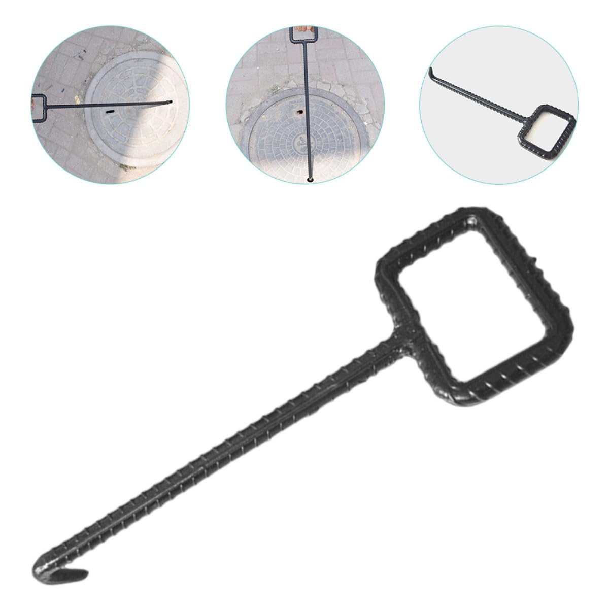 Gancio di sollevamento in acciaio da 42 cm, manico rettangolare cavo da 16 mm, strumento resistente per sollevamento di chiusini, uso esterno sicuro, attrezzatura per manutenzione urbana