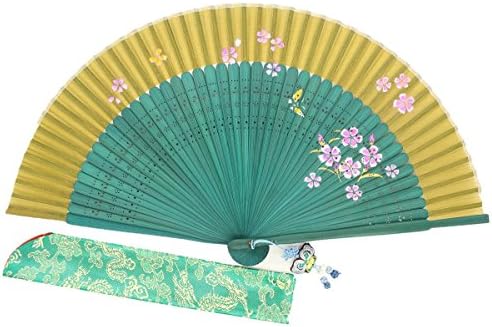 Wise Bird Hand Held Folding Wood Fan F697 (Design 2017) Japanese Chinese Handheld Silk Breeze Pocket Fan For Women,Outdoor Wedding Party Decorations with Silk Pouch and Embroidery.Gifts for Women