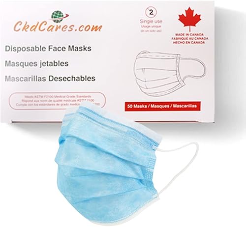 CKDCARES  Fabricado en América del Norte  Nivel 1  Mascarillas desechables de 3 capas  Cintas ajustables para las orejas y tira de nariz  Paquete de