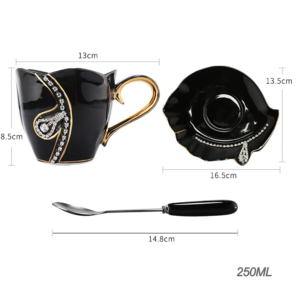 Porcelana Taza de té y Platillo Conjunto Taza de Café, 8 onzas para bebidas de café, café con leche, café moca y té, taza de té de incrustaciones de diamantes hechas a mano con juego de platillos y co