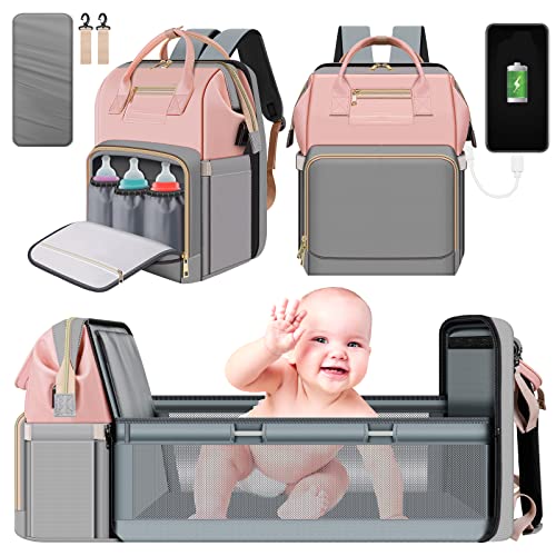 Diaper Bag Backpack with Changing Station - RANSANX Baby Diaper Bags for Baby Girl Boy, Large Baby Bag Backpack with Organizer Crib, Foldable Travel Back Pack for Moms Dads