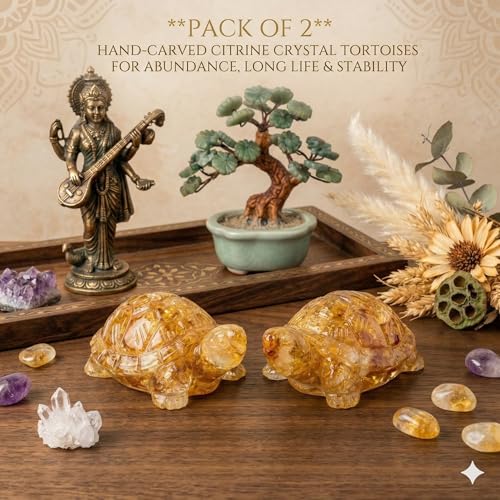 Image of Pack of 2 Natural Citrine Tortoise (Kachhua) 2.7x1 Inch | Citrine Gemstone Turtle for Good Luck & Wealth | Vastu Feng Shui Decor for Home Office Living Room | Housewarming Gift