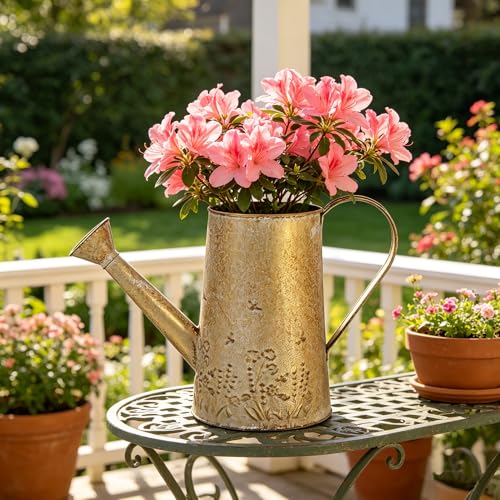 Vintage Distressed Gold Flower & Garden Watering Can, Decorative Metal Watering Pot Planter for Home Patio Backyard Outdoor Plant Care, Rustic Farmhouse Home Decor Accent