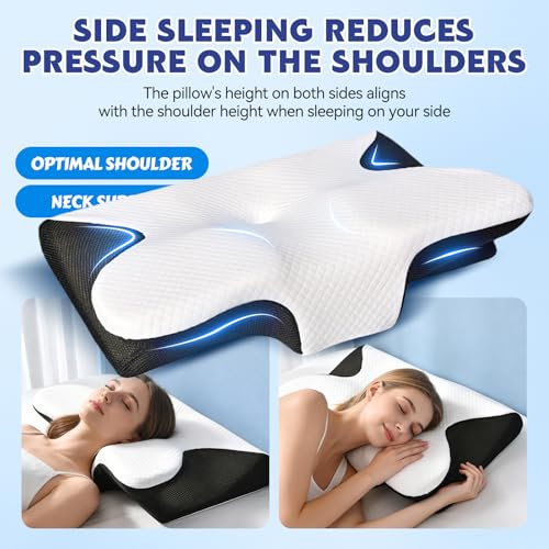 Keaolotay 2 in1 Memory Foam Cervical Pillow, Ergonomic Orthopedic Contoured Support Pillow for Neck Pain Relief, Bed Pillow for Side Back Stomach Sleepers Comes with 2 Pillowcases & 1 Eye Mask(Black) — view 3