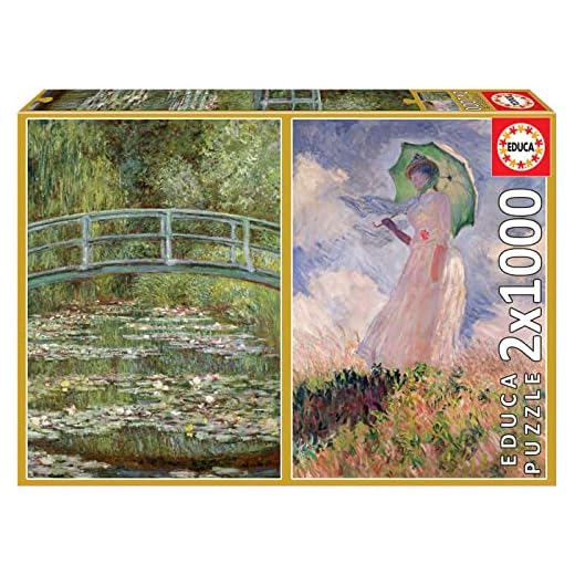 Educa - Claude Monet - Estanque de los Nenúfares + Mujer con Sombrilla, 2 puzzles de 1.000 piezas cada uno con las mejores obras de Monet, Medida aproximada: 48 x 68 cm, A partir de 14 años (19270)