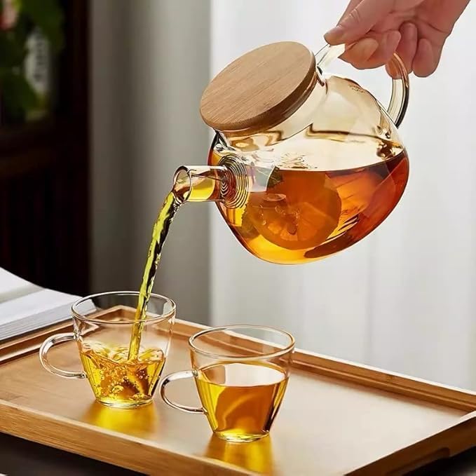 Image of PrimeWorld Borosilicate Glass Teapot - 1L | Stovetop Safe Transparent Kettle with Bamboo Lid & Removable Filter Spout | Elegant Glass Tea Pot for Loose Leaf Tea, Coffee & Herbal Infusions