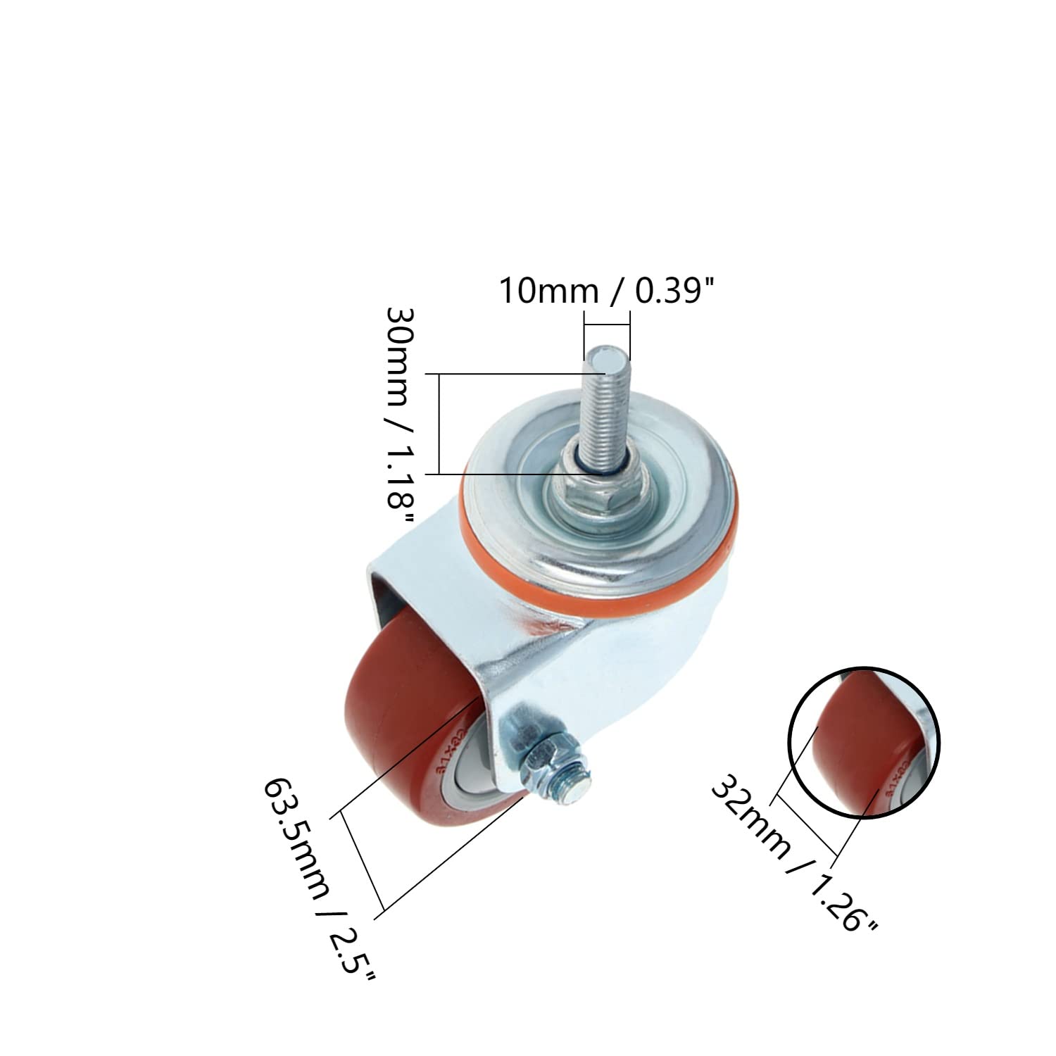 MroMax 4 Pz 63.5mm Ruote Ruote Dia 110Kg Poliuretano PU Ruote Ruote M10 Filettatura Vite Ferro Freno Bloccaggio Industriale per Carrello