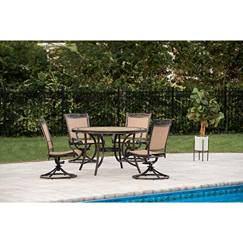 Hanover Fontana 5-Piece Outdoor Dining Set with 4 Sling Swivel Rocker Chairs and 51\" Round Tile-Top Table in Brushed Bronze Finish, Patio Dining Set for 4