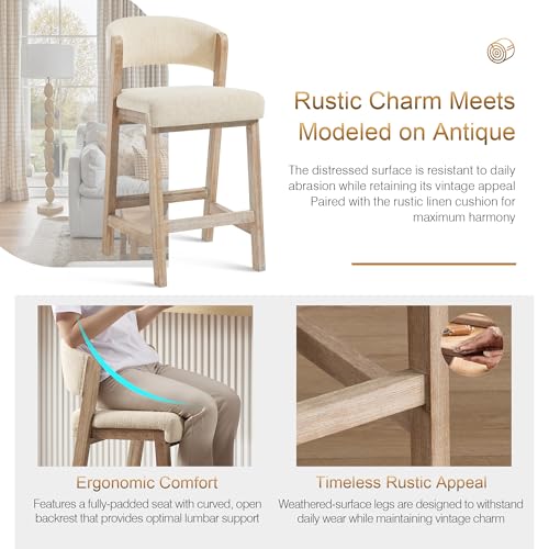 Image of Zesthouse Wooden Counter Height Stools Set of 2, Mid Century Kitchen Bar Stools with Back & Solid Wood Legs, Farmhouse Upholstered Barstools for Kitchen Island, Beige Linen Fabric+Antique Brown Finish