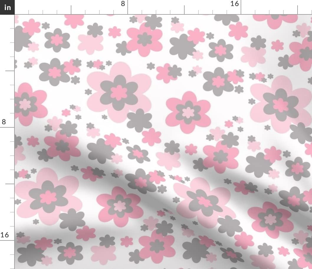 Spoonflower Fabric - Pink Grey Gray Floral Girl Nursery Flower Room Printed on Petal Signature Cotton Fabric by The Yard - Sewing Quilting Apparel Crafts Decor