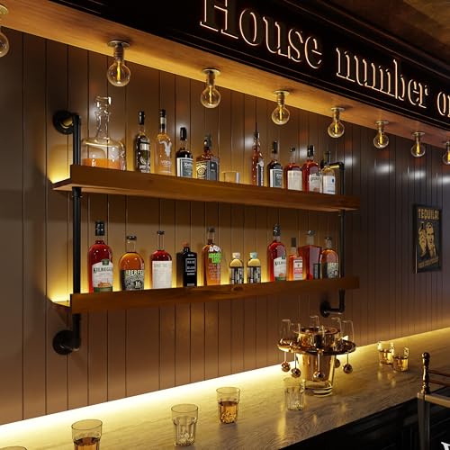 Anynice Wall Mounted Wine Rack with LED Light, LED Industrial Pipe Wine Shelf, 2-Tier Hanging Bottle Rack, Bar Storage Shelf for Bottles (Walnut Brown, 48")