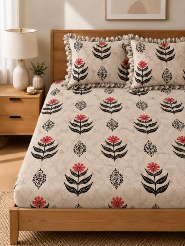 Image of King Size Fitted Bedsheet for Double Bed | 300 TC Cotton Feel Microfiber | All Around Elastic with 2 Frill Pillow Covers | Soft & Durable | (Design2, Fitted - 72 x 78 Inch King)