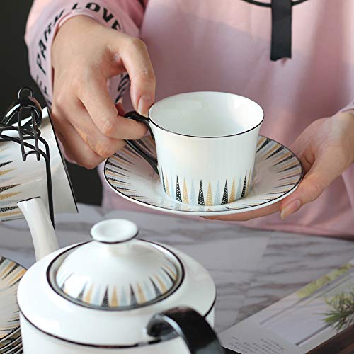 ufengke 15 Piece European Ceramic Tea Sets,Bone China Coffee Set with Metal Holder and Tea Tray,Polish Style Balck Handle