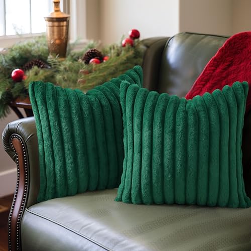 Image of Pallene Faux Fur Plush Christmas Throw Pillow Covers 18x18 Set of 2, Luxury Soft Fluffy Striped Decorative Pillow Covers for Sofa, Couch, Living Room, Christmas Green