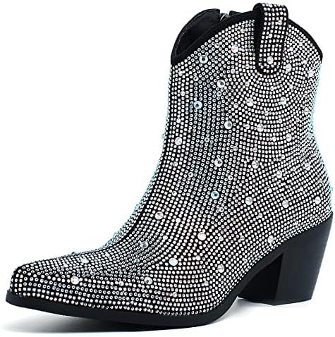 FIFSY Women Rhinestone Cowboy Boots Glitter Chunky Heel Sparkly Cowgirl Ankle Boots black US11 EU42