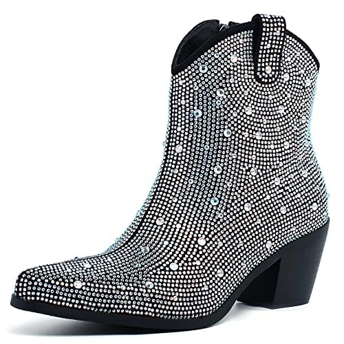 FIFSY Women Rhinestone Cowboy Boots Glitter Chunky Heel Sparkly Cowgirl Ankle Boots black US11 EU42