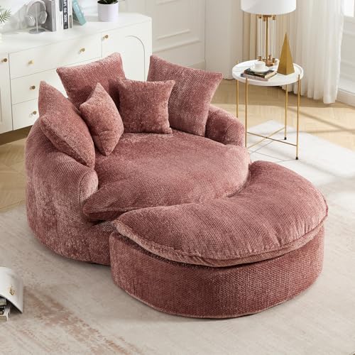 Image of 54 inch Round Chaise Lounge with Ottoman Big Bean Bag Round Sofa Bed Oversized Round Couch Boneless Reading Chair Comfy Plush Chenille Large Chaise Chair for Living Room, Apartment, Pink