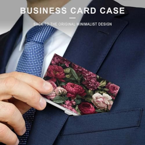 Pink And Red Roses Peonies Business Card Holder, Pocket Slim Portable Metal Business Card Case for Women Men3